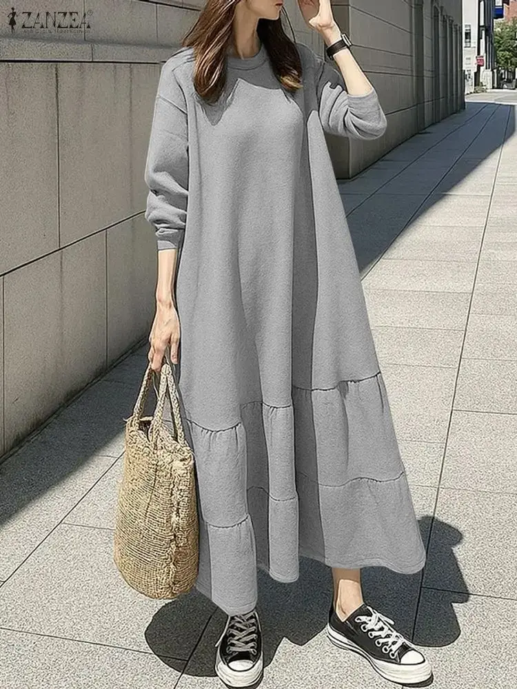 

ZANZEA Street Fashion Fleece-Lined Sweatshirt Dress Women FW 2025 Cozy O-Neck Long Sleeve Ruffled Hem Long Dresses Woman Clothes