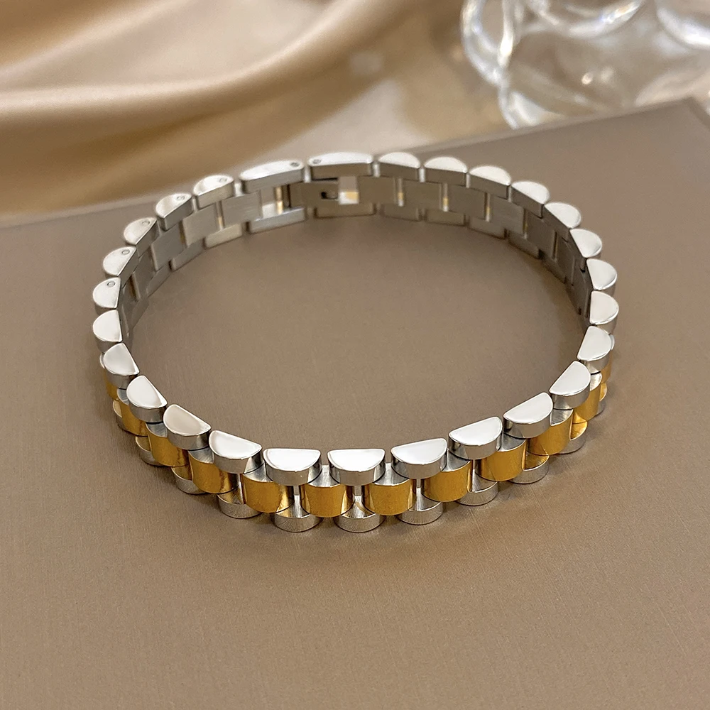 

Freetry Punk Golden Silvery Stainless Steel Chain Bracelet Men Women Fashion Irregular Wide Bracelets Waterproof Hand Jewelry