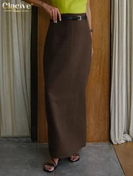 Clacive Fashion Loose Brown Cotton Office Skirts For Women 2024 Elegant High Waist Long Skirt Elegant Classic Female Clothing