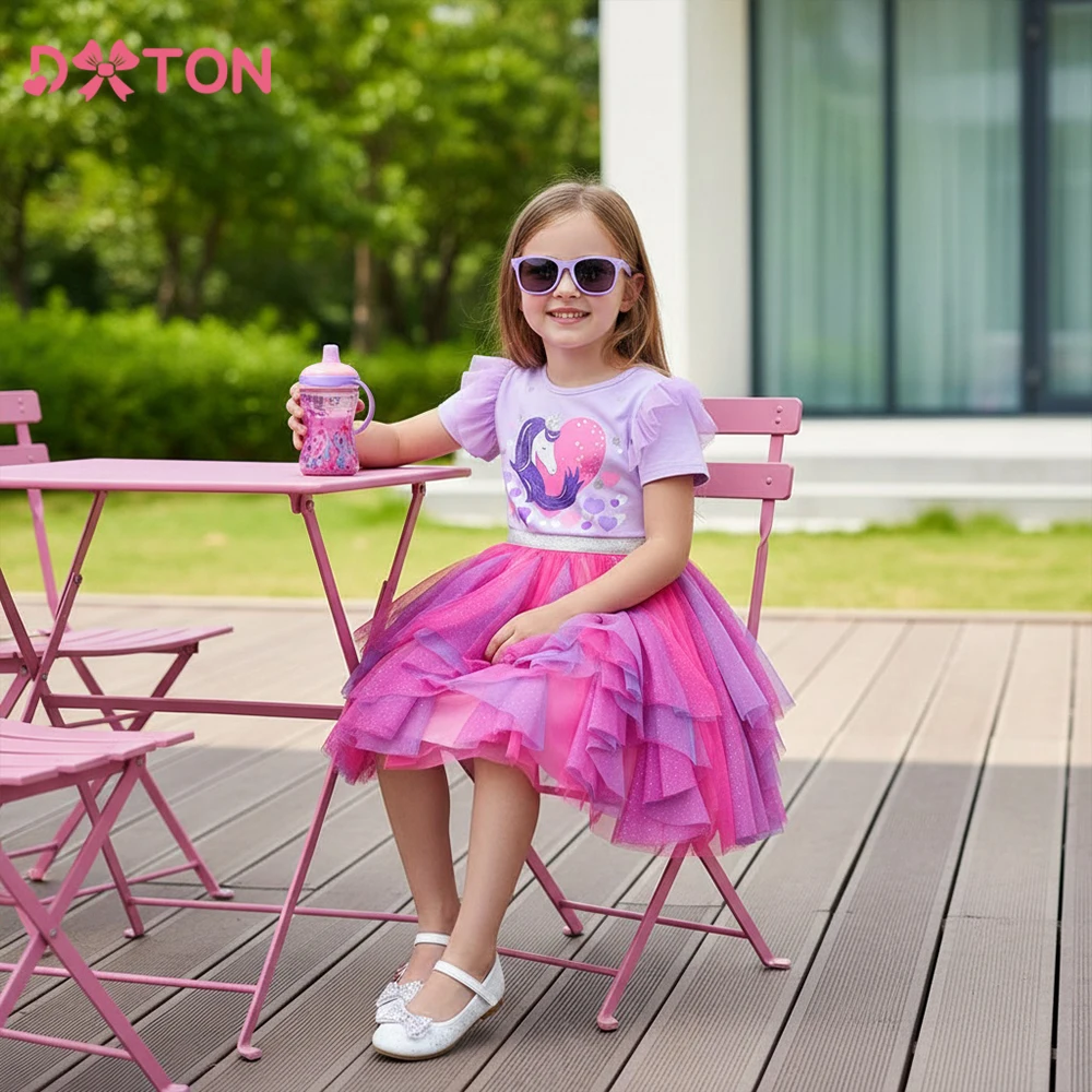 DXTON Children Heart Design Dresses Summer Girls Short Sleeve Dress Unicorn Irregular Mesh Girls Daily Dress Holiday Clothing