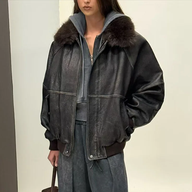 

Women's Eco-Leather Jacket, Fur-Collar Pilot Jacket, Casual Vintage Oversized Parka, High Quality, 2026 Spring New Arrival, Y2K