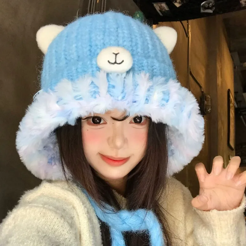 Women Cute Bear Ear Knit Earflap Hat Faux Fur Ruffle Brim Winter Warm Beanies with Braided Tie‑Strings Sweet Girls Ski Caps