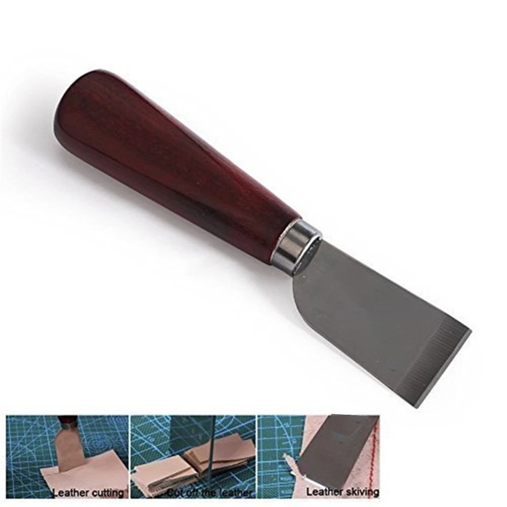 DIY Leathercraft Tool Wooden Handle Stainless Steel Leather Cutting Knife Leather Shovel Knife for Leather Working