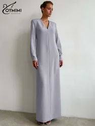 Oymimi Fashion Grey V-Neck Womens Dresses Elegant Long Sleeve Solid Straight Dresses Casual Simple Ankle-Length Dress Streetwear