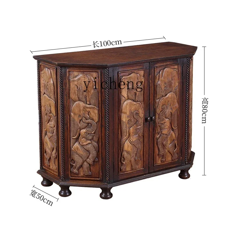 XL Elephant Relief Teak Cabinet Entrance Cabinet Grid Solid Wood Furniture Decoration Locker