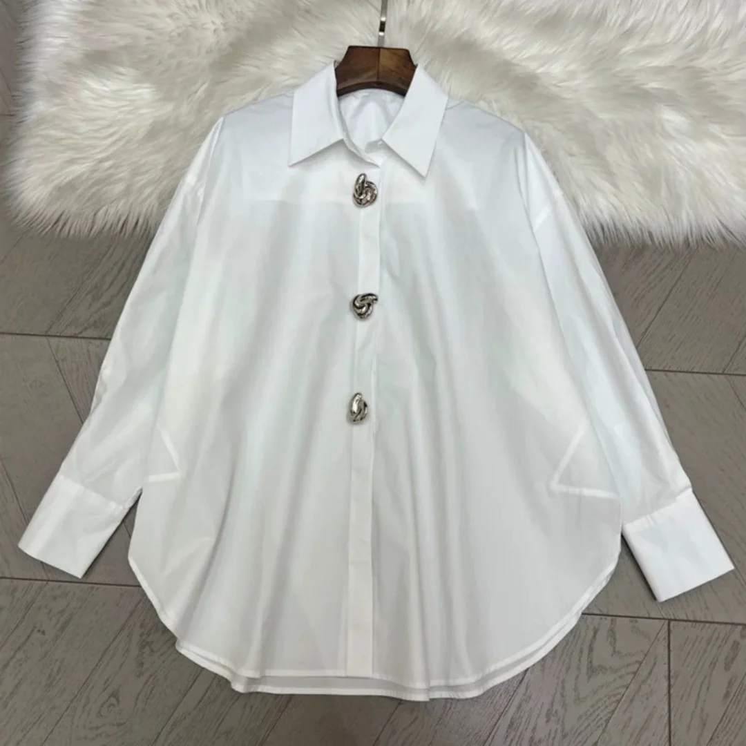 Women Summer Oversized White Blouse with Twist Metal Buttons