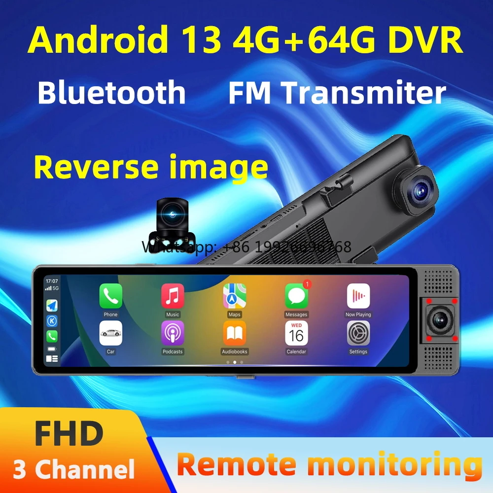 

2024 12-дюймовый автомобильный видеорегистратор Android 13, 8 ядер, 4G LTE, зеркало заднего вида, видеорегистратор с 3 объективами, передняя внутренняя задняя запись, 4 ГБ + 64 ГБ HD сенсорный экран