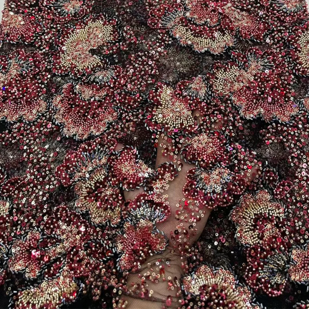 Exquisite Hand Beaded Sequins African Lace Fabric Floral Embroidery Tulles For sewing High-end party dresses by 5 yards cut