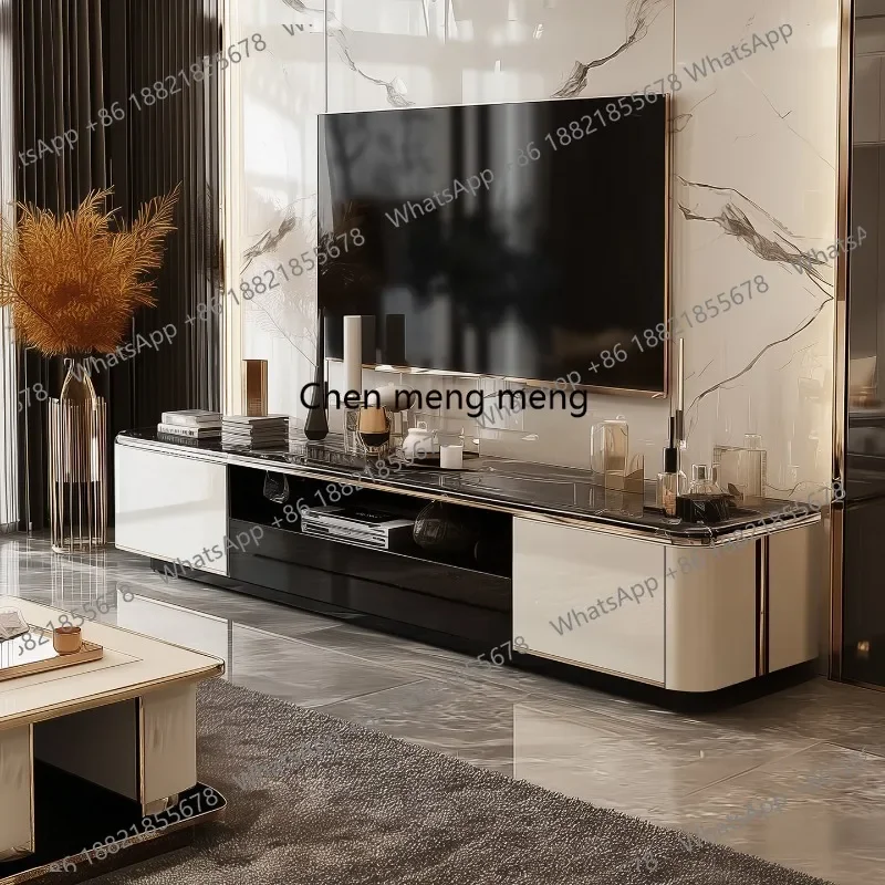 F181 Modern TV Cabinet Long Living Room Microcrystalline Stone Solid Wood Multi-layer Floor Locker Hollow Out