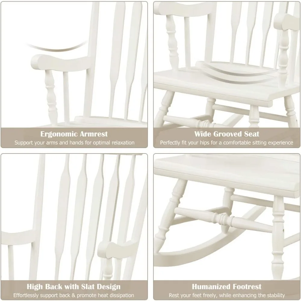 Outdoor Wood Rocking Chair - Patio Rocking Chair with Solid Rubber Wood Frame, Slat Back, Outside & Indoor Rocker for Garden, P