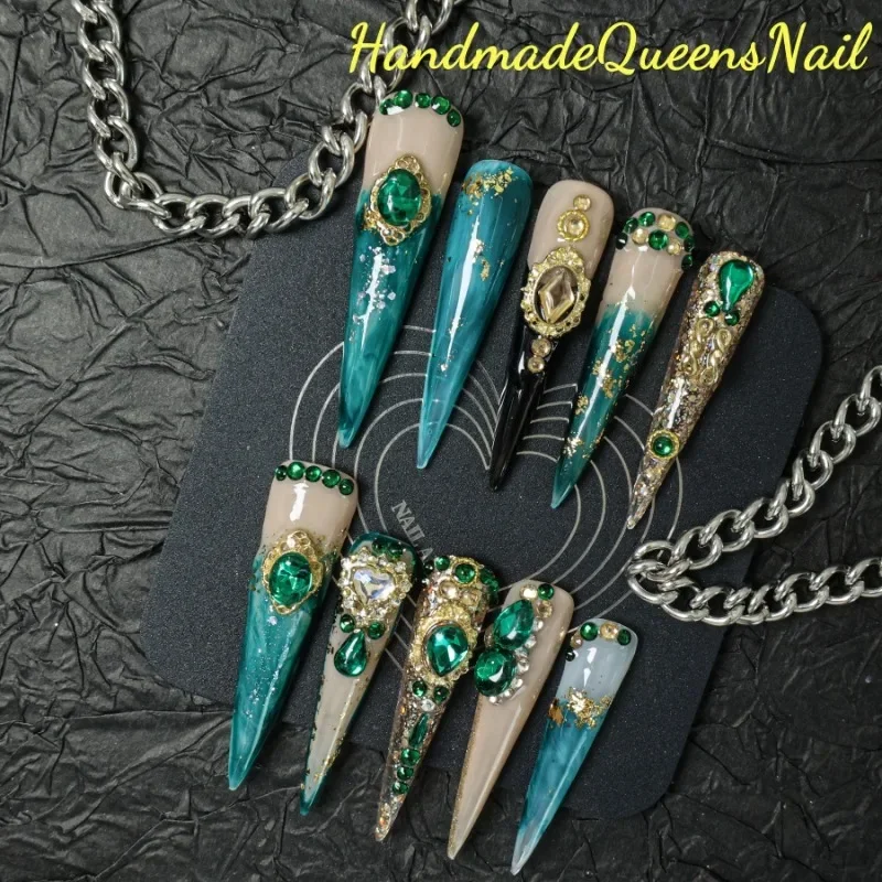 

10 Pieces of Hand-pressed Nails Dark Green Gemstone Smudge Y2k Super Long Water Drop Shape Full Coverage Design Nail Art Set