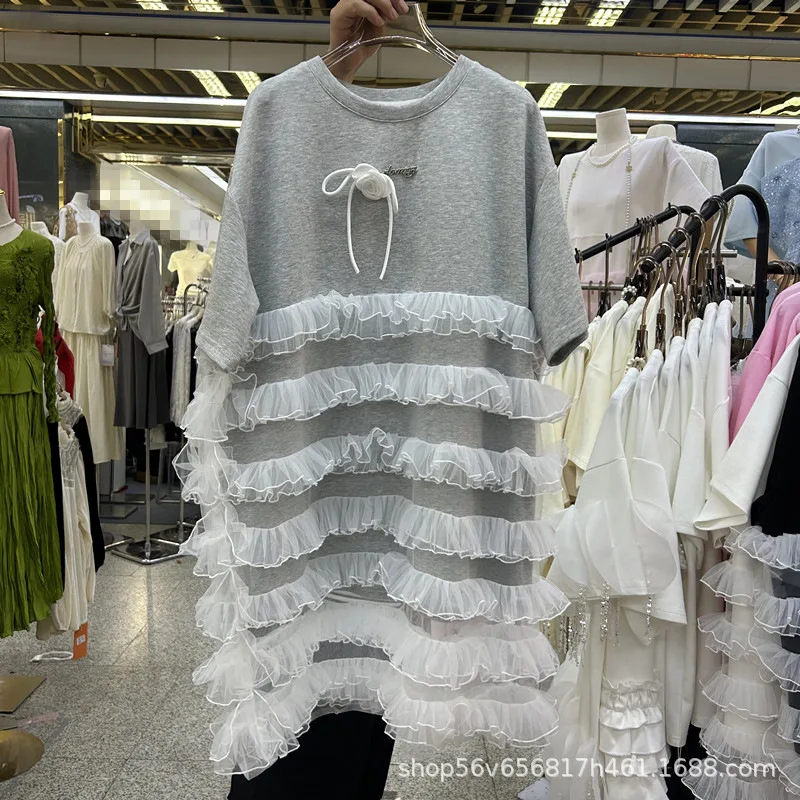 Chic ผู้หญิงตาข่าย Spliced Ruffles เสื้อยืดฤดูใบไม้ผลิฤดูร้อนผ้าพันคอจีบ 3D Bowtie Tees หลวมแขนสั้นเส้นด้าย Tops ...