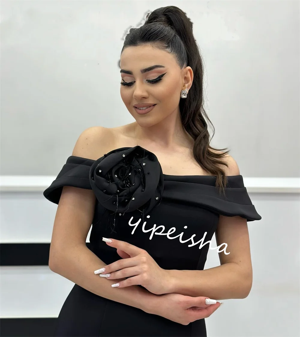 Customized Jersey Flower Beading Celebrity A-line Off-the-shoulder Bespoke Occasion Gown Midi Dresses