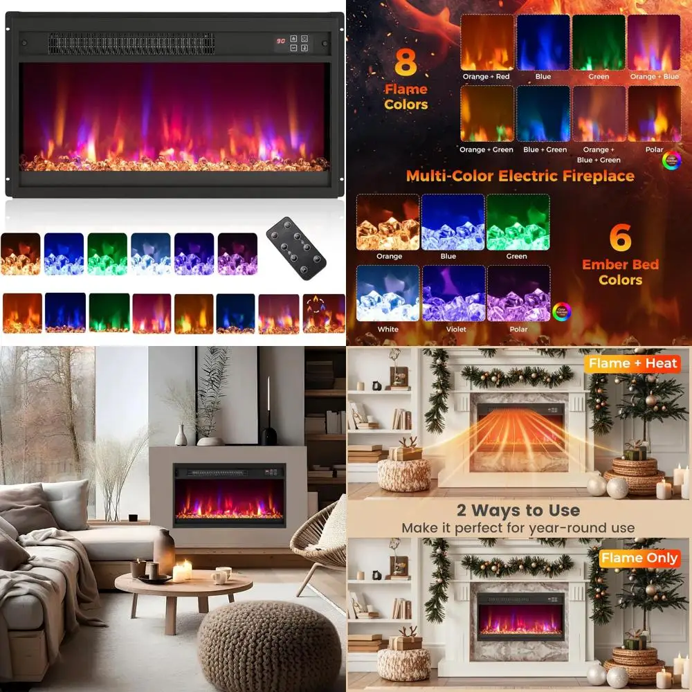 

Electric Fireplace Insert with 8 Flame Colors, 6 Ember Bed Colors, Remote Control, 9H Timer - Recessed Heater for Home Comfort