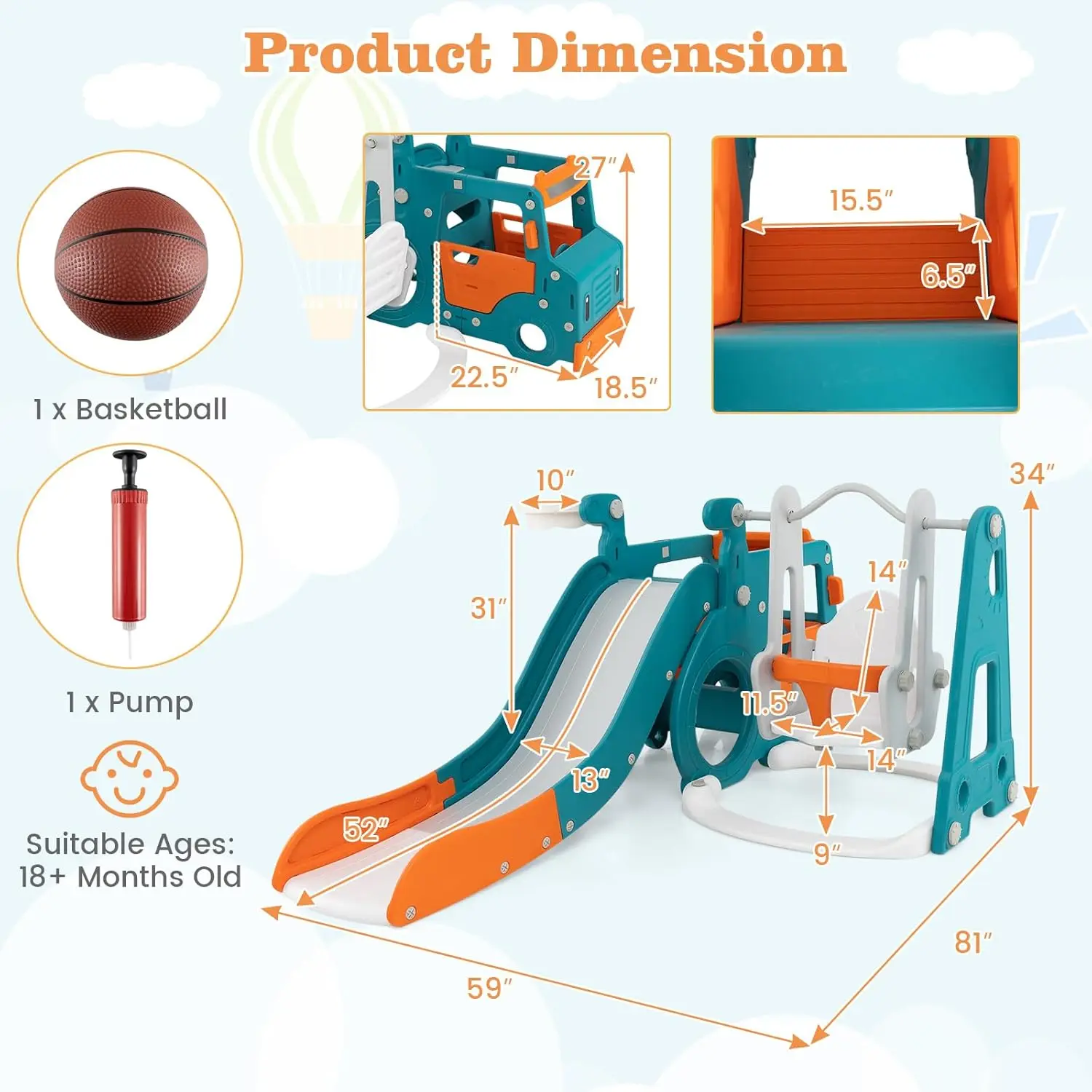 Ensemble toboggan et balançoire pour tout-petits 6 en 1, ensemble de jeu pour bus intérieur et extérieur avec balançoire pour bébé, panier de basket-ball, tunnel rampant, escalade pour enfants