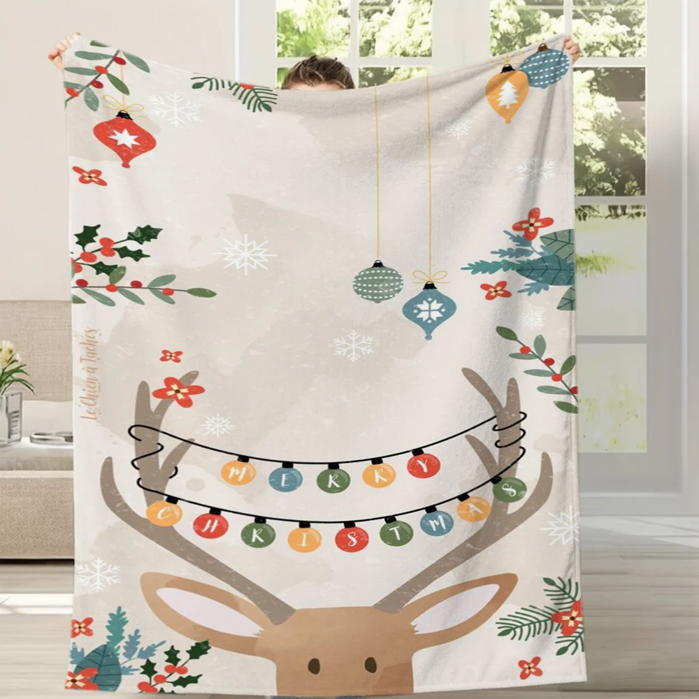 2d Printed Cream Red Candy Cane Bow Ribbon Pattern Throw Blanket For Holiday Party Xmas Gift Living Room Decor