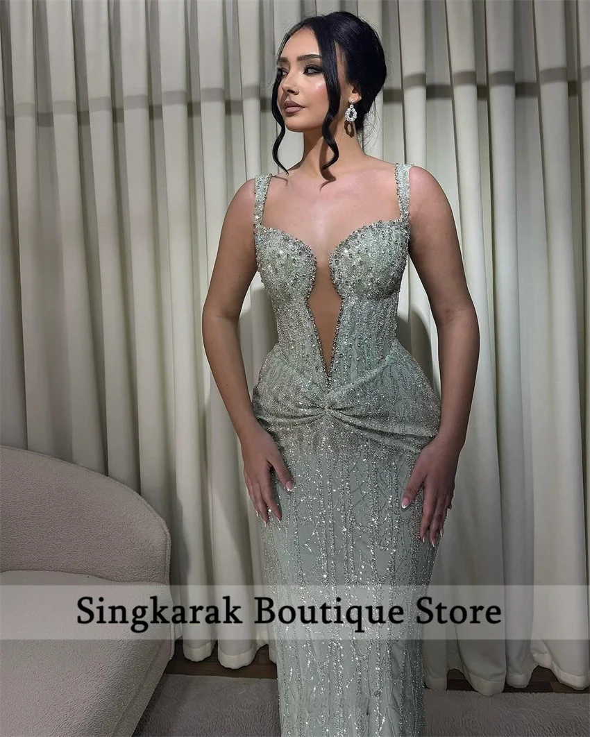 

Luxurious Green Evening Dresses For Women Sweetheart Sleeveless Prom Party Gown Sequins Crystal Wedding Party Customized