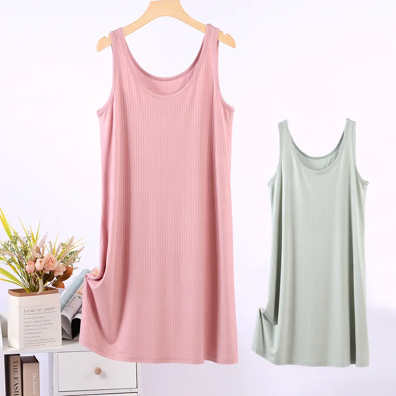 ผู้หญิง Nightgown Modal Suspender เสื้อกั๊กชุดนอนเซ็กซี่กลางเข่า-ความยาว Nightdress หลวม Casual Pakaian Rumahan กระโปรงฐาน