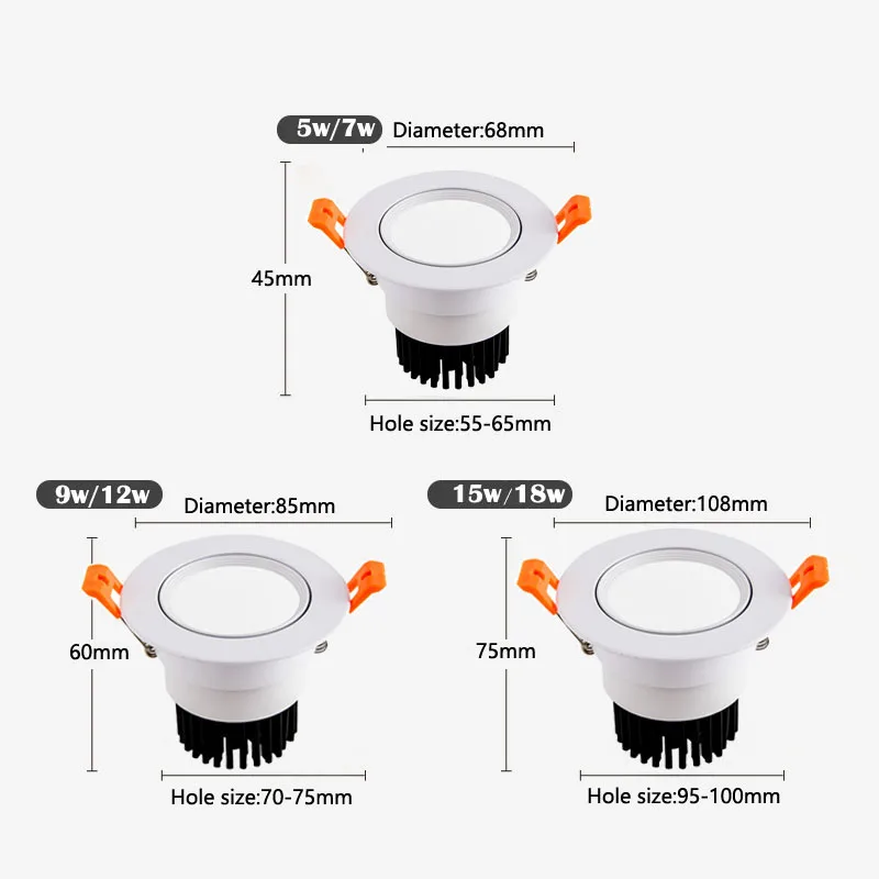 Ściemnialny lampka wpuszczana oprawa ledowa typu Downlight 5w 7w 9w 12w 15w 18w AC85-265V żarówki sufit dekoracje do domu i hotelu wewnętrzny