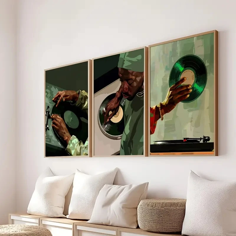 3pcs/Set Black Man DJ Vinyl Record, Trendy Poster, Hip-hop Music Style