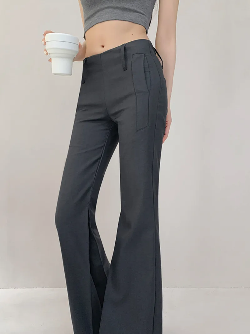 American Style Retro Low Waist Sexy Exposed Navel Micro Flared Pants Women Autumn Casual Versatile Slim Floor Length Pants EO3A