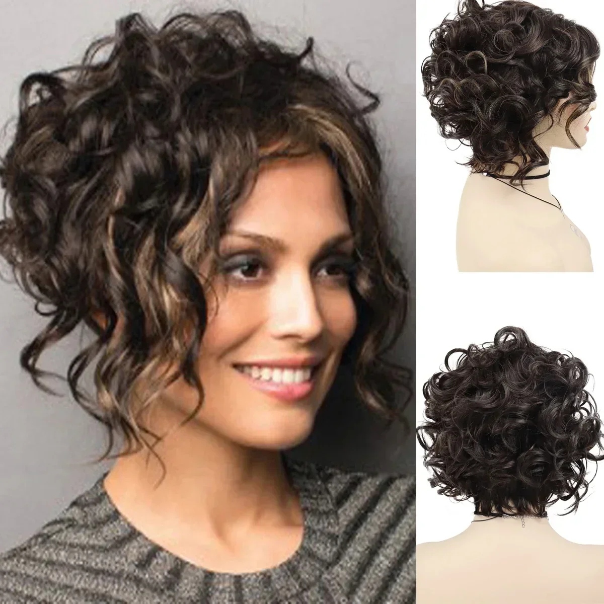 Synthetic Short Brown Curly Wigs for Women Natural Hairstyle Wig Highlight Mother Gift 80s Mommy Old Lady Wigs Mixed Brown