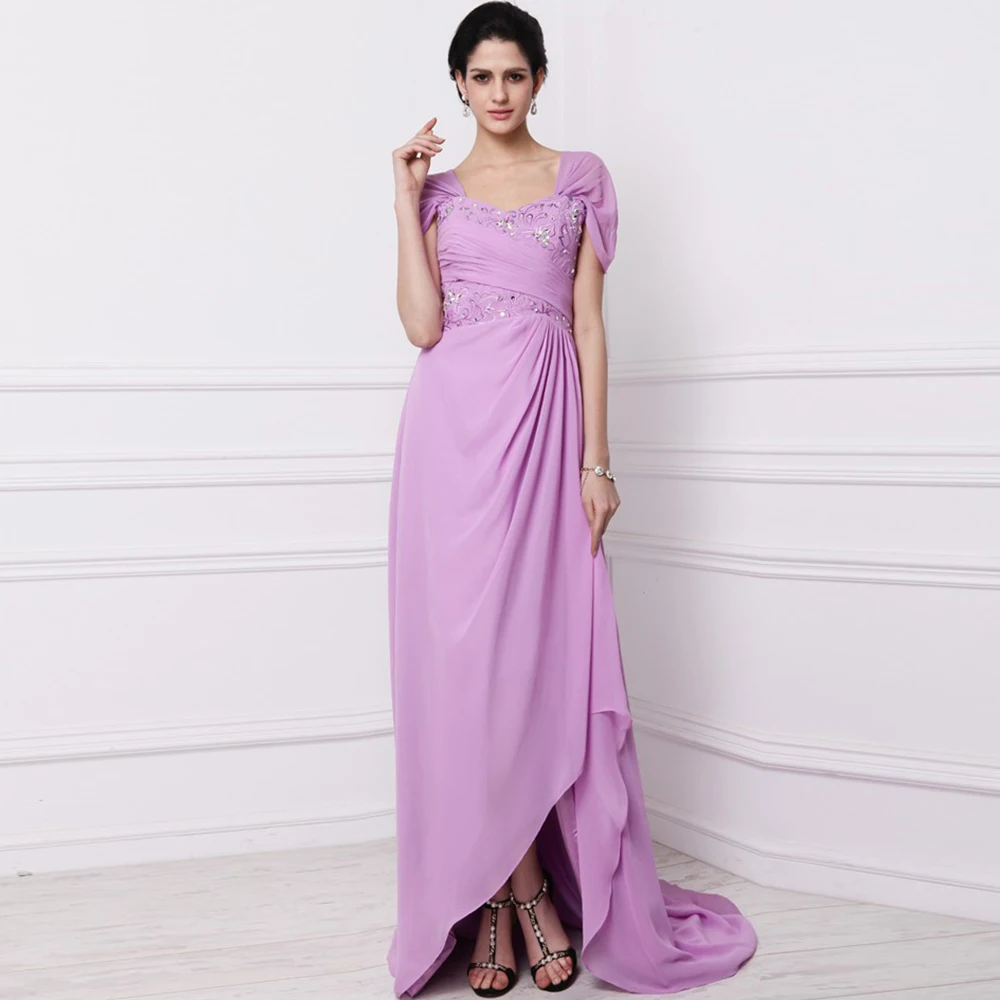 

Purple Wedding Guest Dress 2022 Sweetheart Hi-Lo Sexy Evening Party Gowns Short Sleeves A-Line Chiffon Formal for Mother