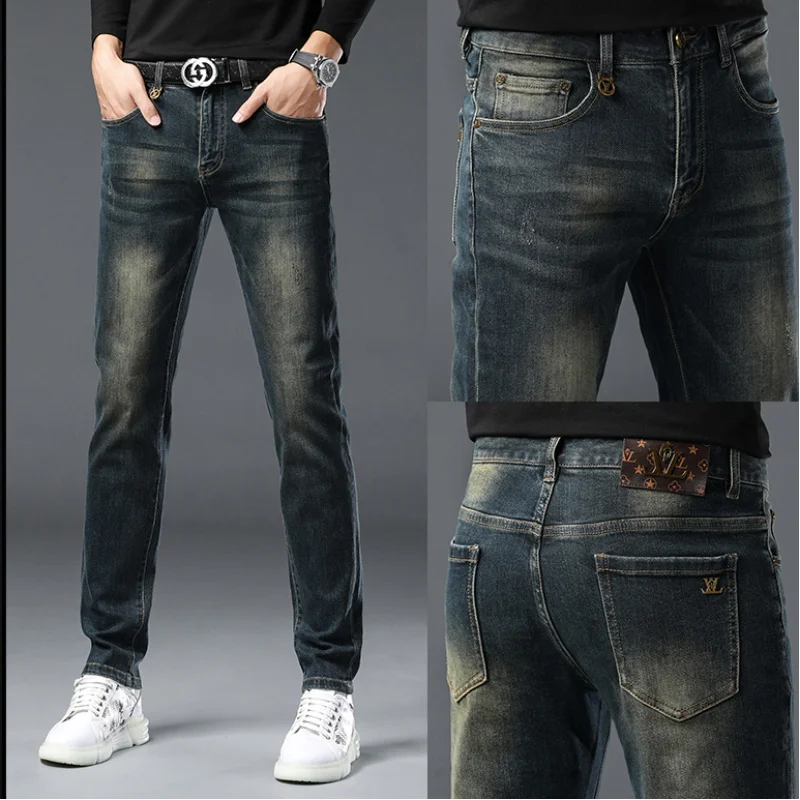 

2024 fall and winter high-end European goods casual men's jeans vintage blue Slim small straight tide brand elastic hundred pant