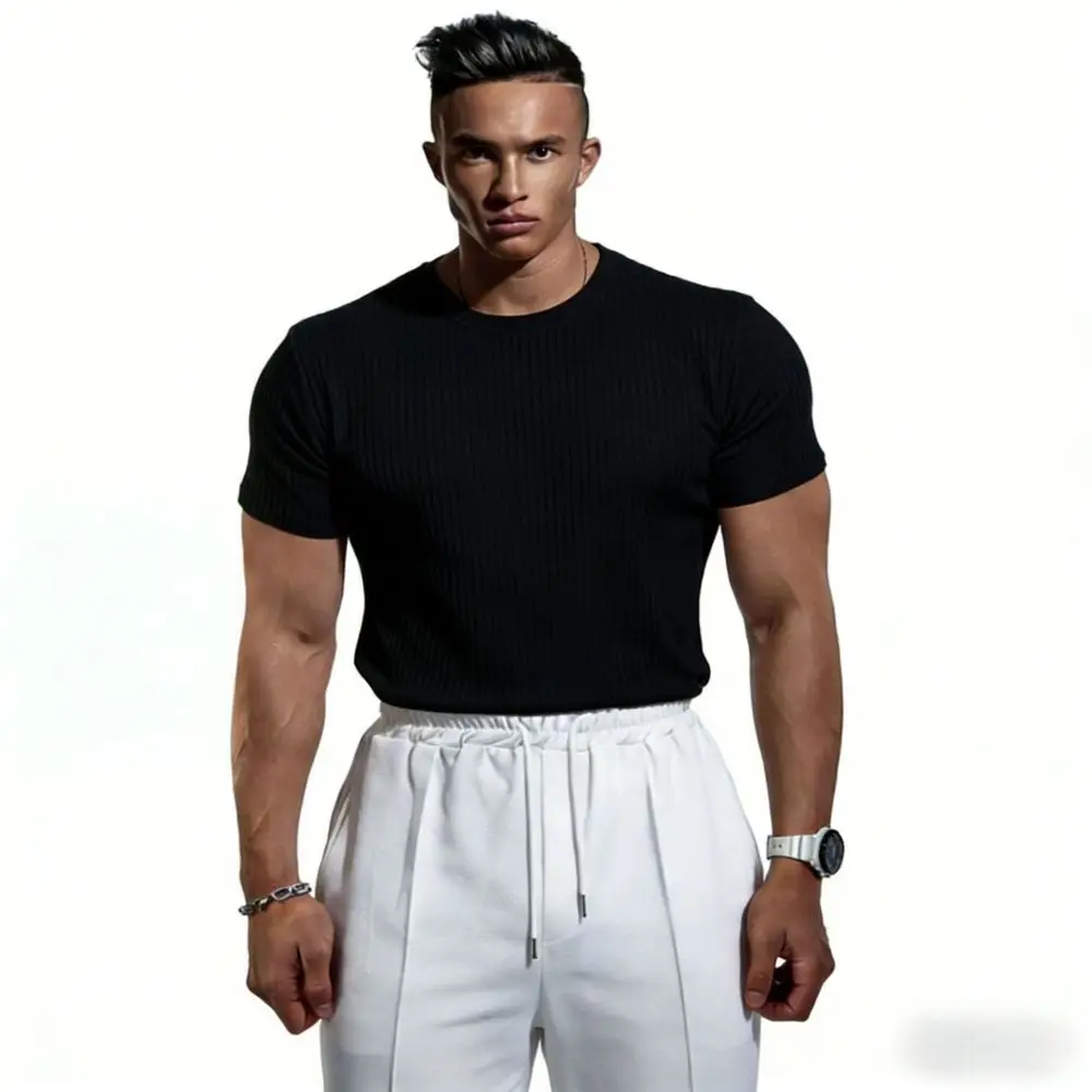 Mens Summer Short Sleeve T Shirt Solid Color Ribbed Fabric Gym Fitness Training Tops Breathable Casual Workout Tee Shirt