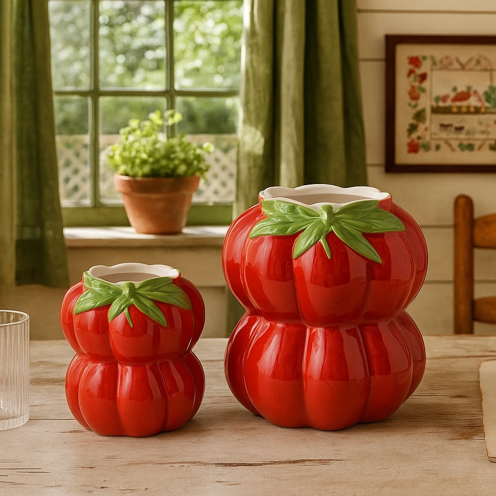 Cartoon Tomato Vase Ceramic Vase Red Hand-painted Flowerpot Chopstick Holder Makeup Brush Storage Home Decoration Accessories