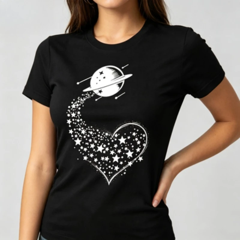 Women Cotton  T-Shirt Moon Star Heart Trail Galaxy Graphic Casual Short Sleeve Tee Gift For Astronomy Lover Space Fan Friend