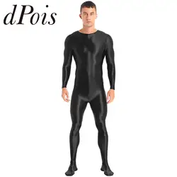 Mens Back Zipper Bodystocking Glossy Solid Color Long Sleeve Gymnastics Jumpsuit Leotard for Yoga Fitness Gym Workout Bodysuit