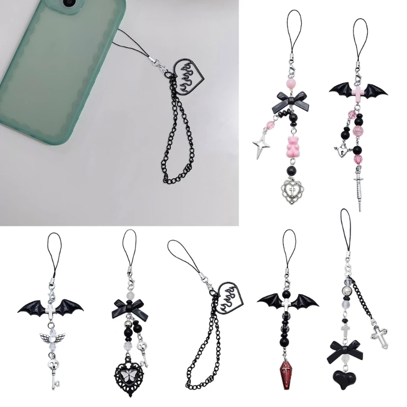 Goth Y2K Phone Charm Pendant Kawaii-Key Chain For Bag Cute Accessory Women Guitar Strap Lanyard Beaded Keychain Pendant