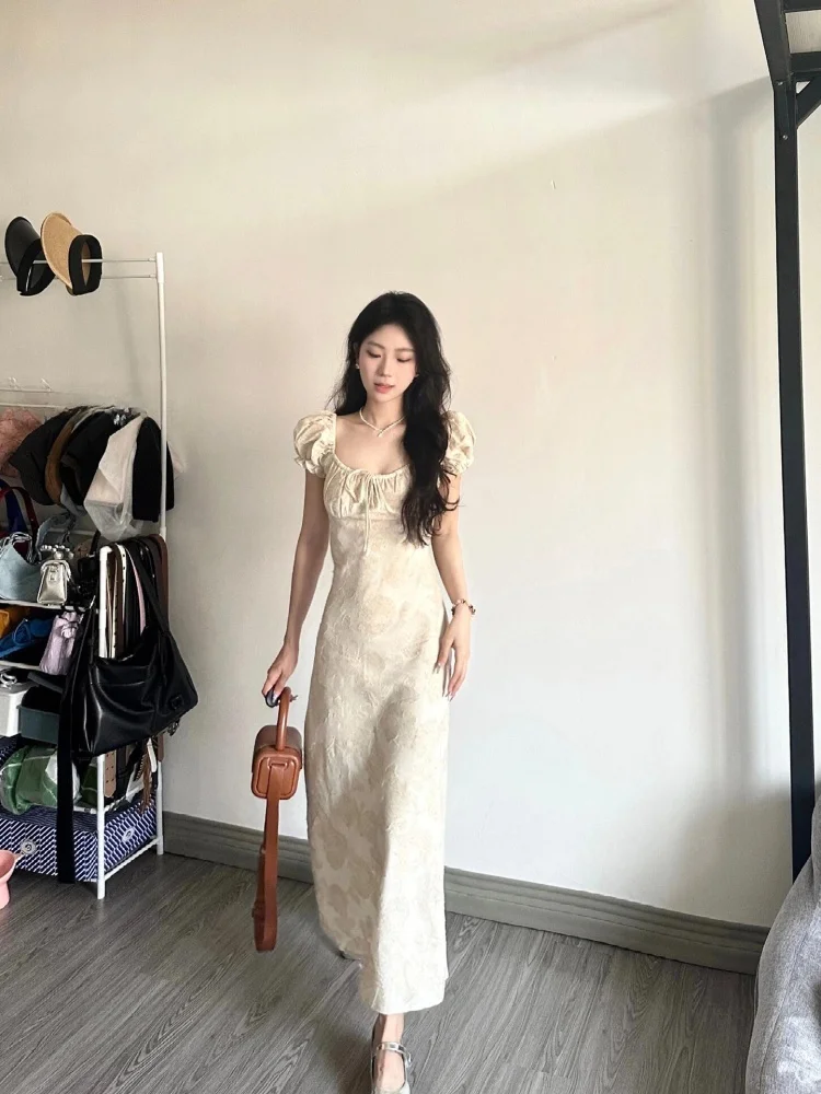 Ele Gentle Sle col carré Dr femmes a-ligne jupe longue minceur taille conception trajet printemps été ort Sve