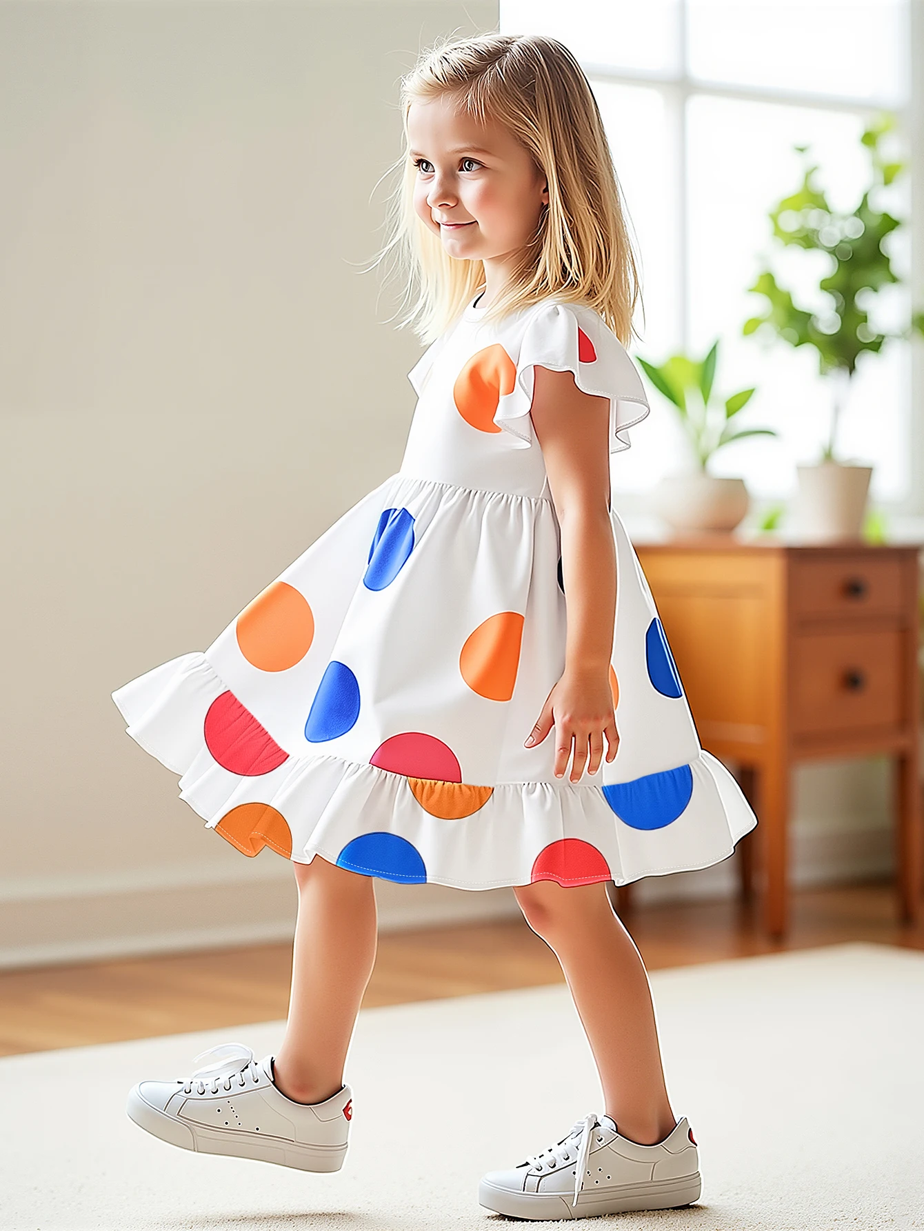 Girls' Summer Polka Dot Dress, Stylish Little Flutter Sleeve Ruffle Princess Dress, A-Line Dress, Sweet and Cute Dress for Young Children