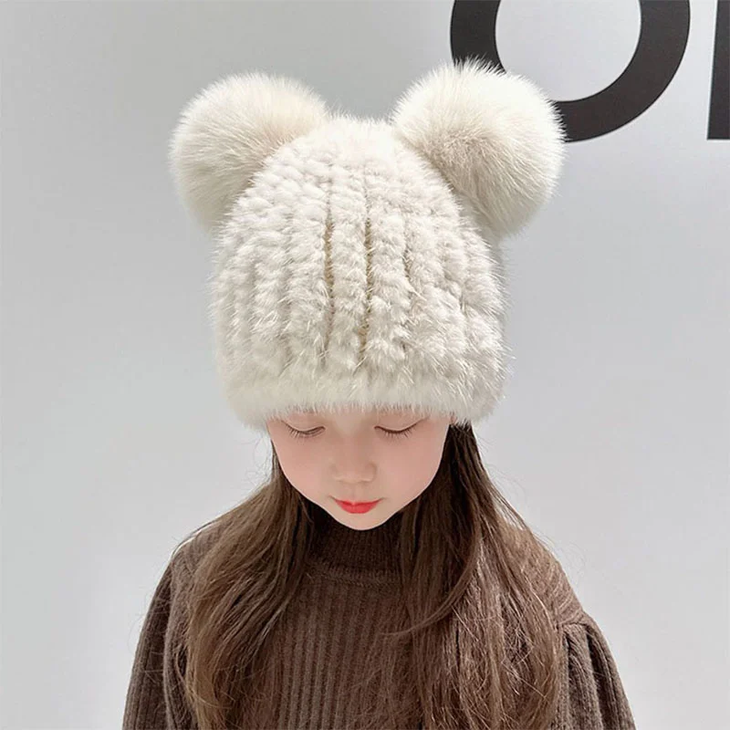 

New Parent-child Knitted Hat Winter Thickened Real Mink Casual Warmth Outdoor Children's Ski Hat Fashion Baby Elastic Hat