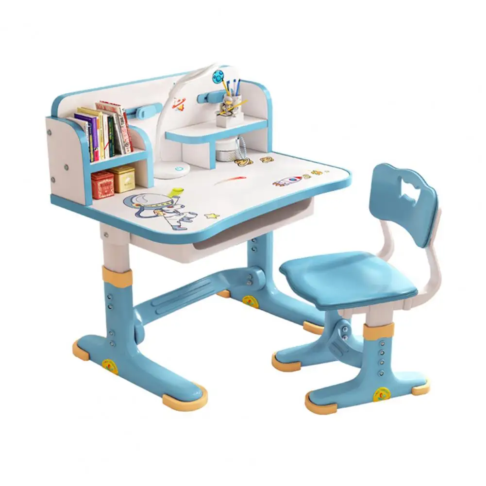 Cartoon Pattern Desk Chair Set Kids Adjustable Height Study Table with Drawer Chair Set Widened Desktop Multi Separation