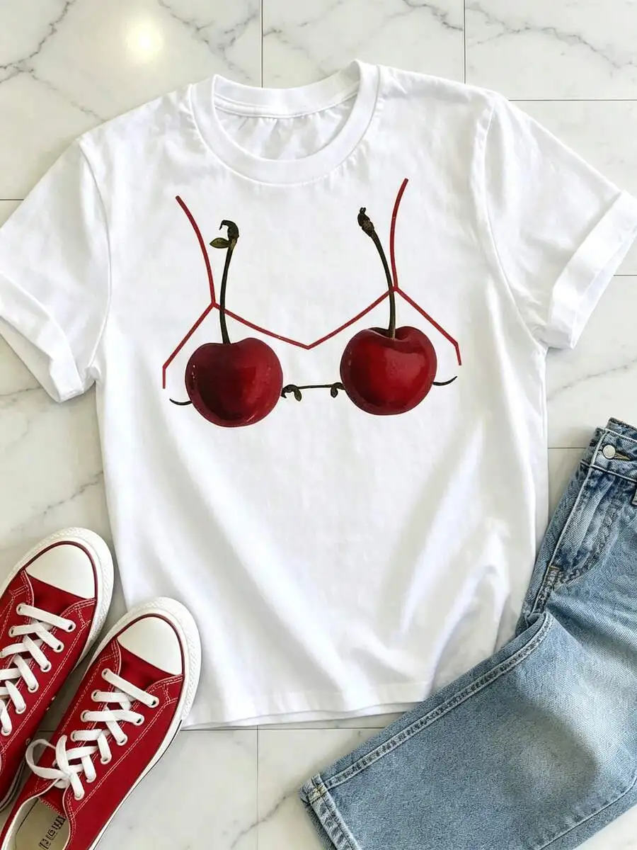Women Crewneck Short Sleeve T Shirt Cherry Bikini Graphic Print Casual Summer Vacation Daily Wear Trendy Outfit Top