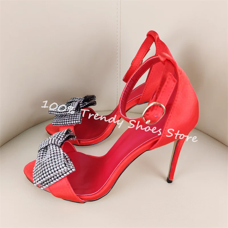 

Luxury Rhinestone Butterfly Knot Decor One-Strap Women Sandals Peep Toe High Heel Narrow Band Ankle Wrap Pumps for Ladies