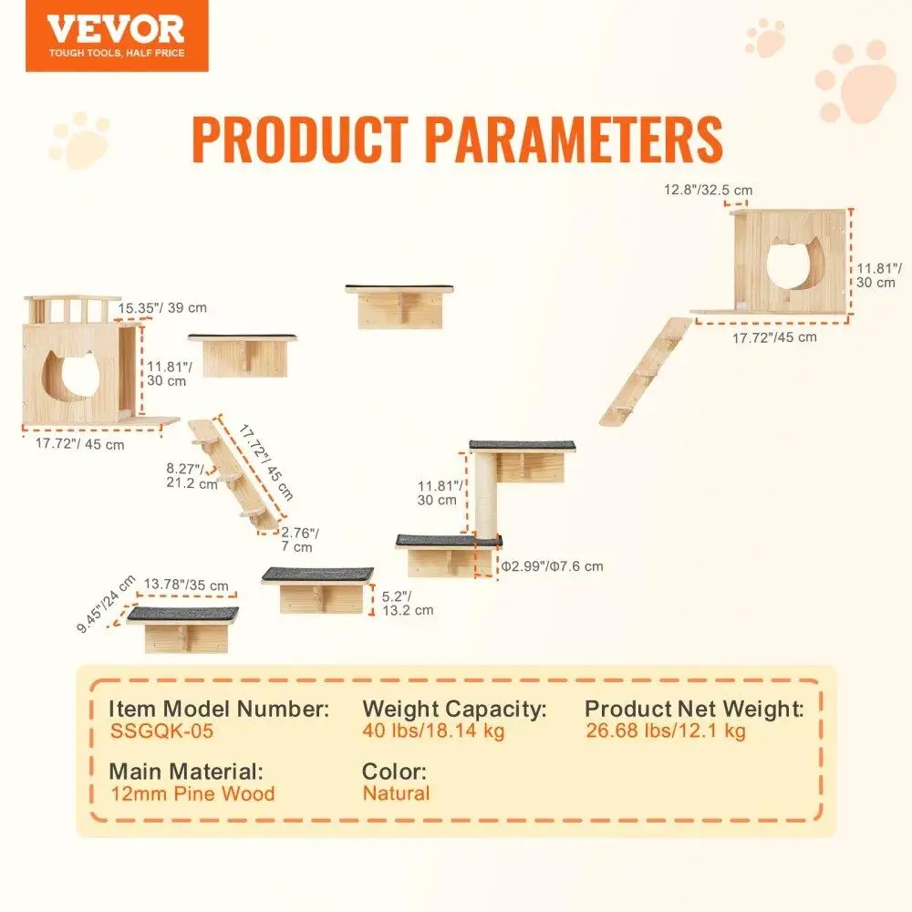 Wall Mounted Cat Tree with Multi-Level Shelves, Jumping Boards, Nests, and Hammock Set of 9