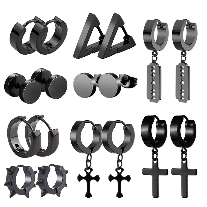 1/9 pairs Multiple Styles Black Earrings Set Fashion Stainless Steel Piercing Earrings for Women And Men Hip Hop Ear Jewelry