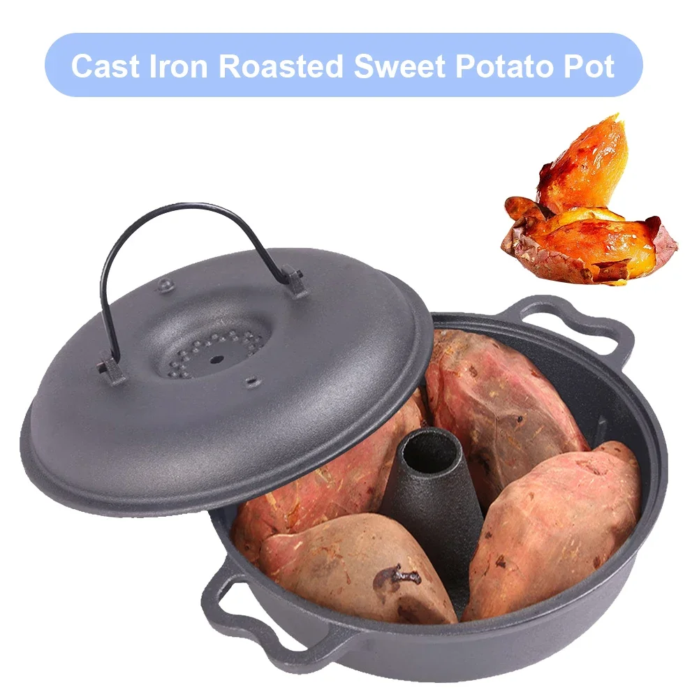 

Roasted Sweet Potato Pot Cast Iron Sukiyaki Pot Round Barbecue Grill Pan w/ Lid Garlic Corn Potato Roasting Pan for Home Camping
