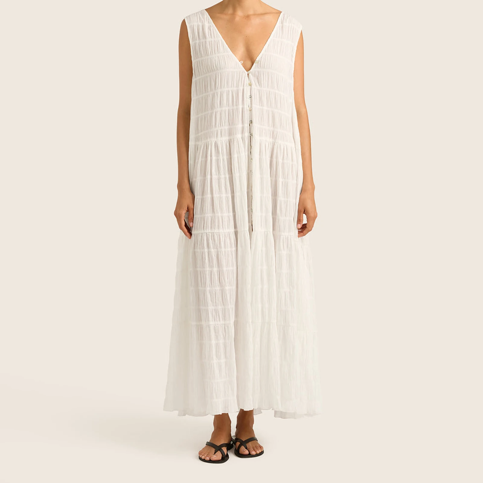 Combhasaki femmes été décontracté coupe ample boutonné col en v profond froncé Plaid a-ligne débardeur longue robe de soirée vêtements de plage