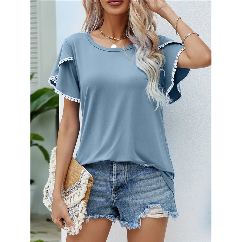 【SEE】 Top da donna con maniche a petalo estive Camicie girocollo in pizzo all'uncinetto T-shirt tunica basic tinta unita allentata casual