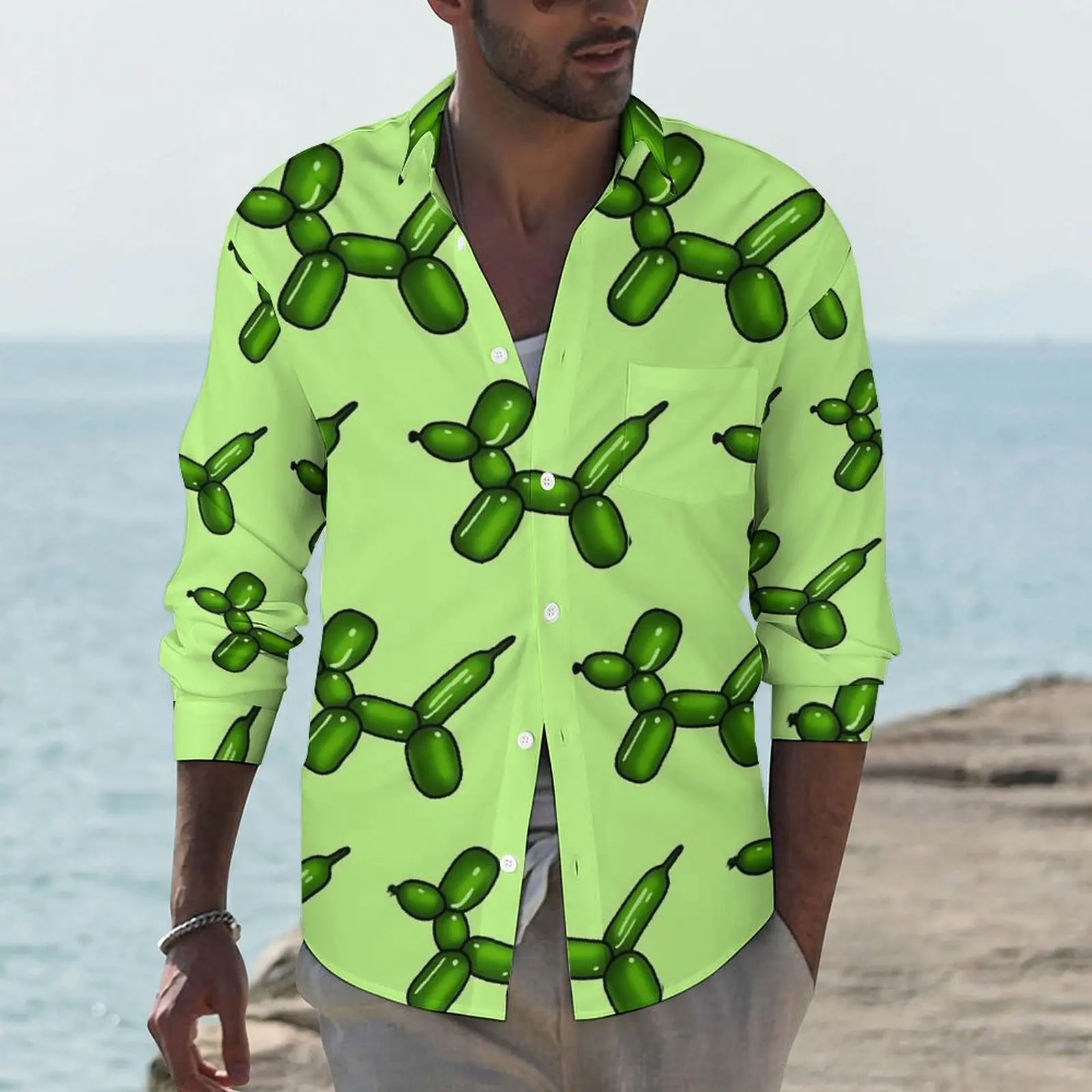 

Green Balloon Animal Shirt Male Fun Dog Casual Shirts Autumn Street Style Design Blouses Long Sleeve Fashion Oversize Tops Gift