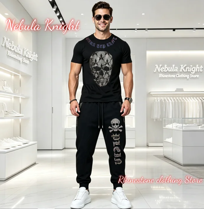 Ensemble de survêtement de luxe pour homme avec strass, tenue 2 pièces de créateur, pull et pantalon de jogging, streetwear urbain, costume décontracté quotidien