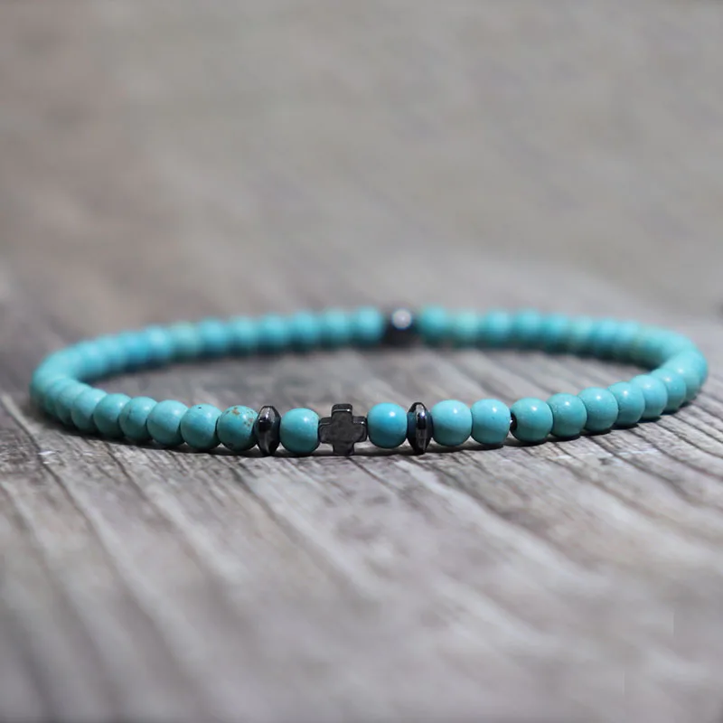 Bracelet croix en hématite Simple pour hommes, petit Bracelet en pierre d'onyx Howlite naturelle de 4mm, perles, méditation, guérison, loisirs, bijoux pour hommes