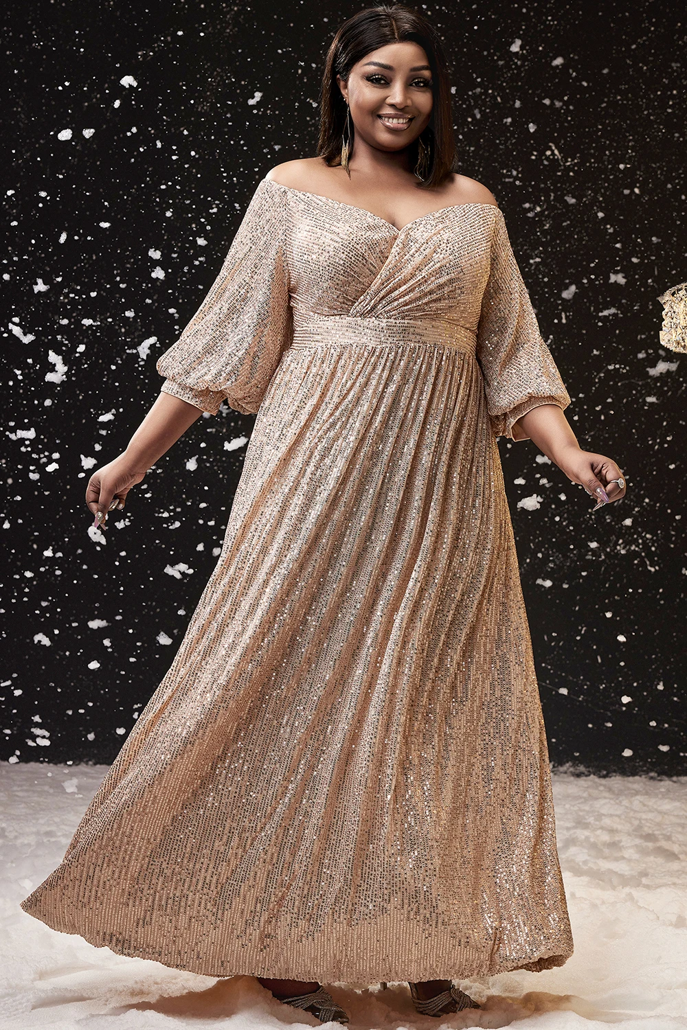 Women Plus Size Formal Dress Apricot Sequin Maxi Dress Off The Shoulder Puff Sleeve Cocktail Wedding Guest Elegant Dresses