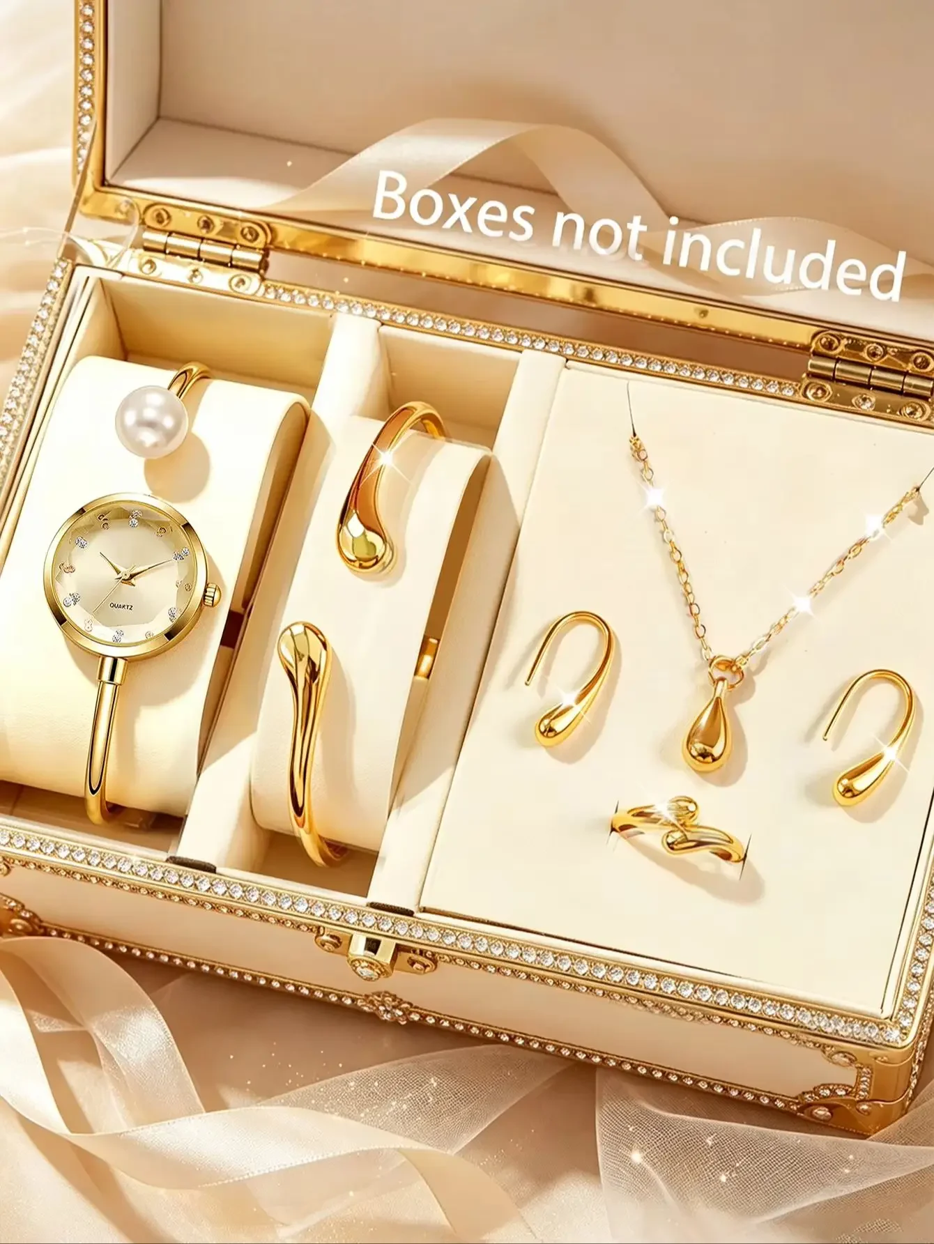 Elegant and Compact Bracelet Watch Set with Water Drop Bracelet, Necklace, Earrings, and Ring Set, Fashionable and Versatile