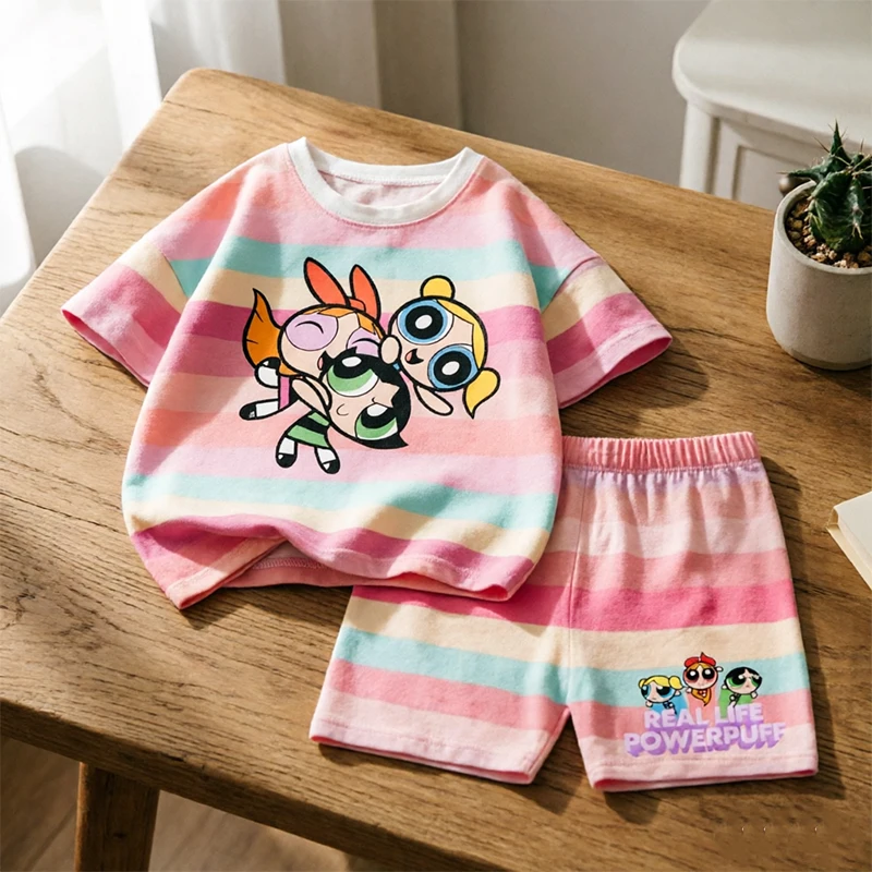 

The Powerpuff Girls Season Children Striped Set Anime Cartoon Printed Short Two Piece Suit Girls Kawaii Summer Casual Clothing